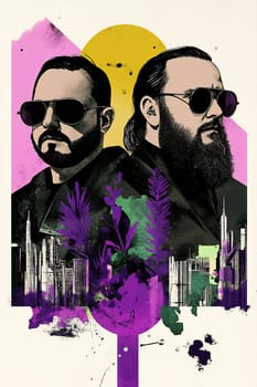 Two men wear sunglasses with a vibrant city backdrop, featuring colorful artwork that enhances their bold image.