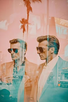 A stylish man stands confidently in sunglasses against a vibrant Los Angeles backdrop, reflecting urban life and culture.