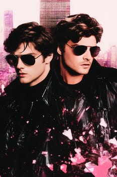 Two fashionable men wear sunglasses and leather jackets, set against a vibrant city skyline, exuding confidence and coolness.