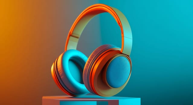 A pair of modern headphones rests on a pedestal, illuminated by bright orange and blue lights, creating a striking visual effect.