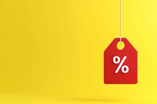 A red sale tag displaying a percentage symbol hangs against a vibrant yellow background, emphasizing discounts and offers.