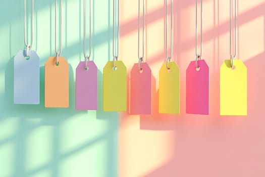 Brightly colored tags dangle from strings, casting shadows on a soft pastel background in a creative display.