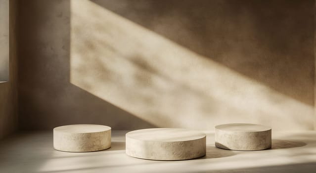 A serene minimalist room features three round stone seating pieces illuminated by soft natural light through a window.