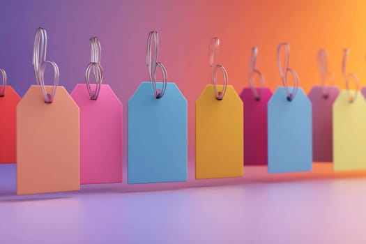 Multiple colorful tags hang in a row, showcasing different hues against a vibrant, gradient backdrop, creating a cheerful atmosphere.
