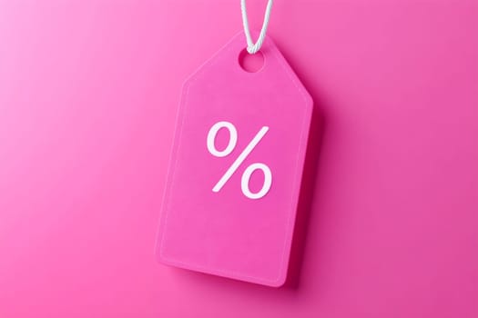 A vibrant pink tag displaying a percent symbol hangs against a matching background, indicating a discount or promotion.