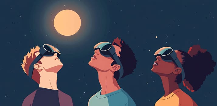 Three friends gaze upward while wearing special glasses, captivated by a solar eclipse against a dark, starry sky.