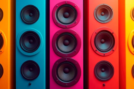Close up view of colorful audio speakers. AI generated