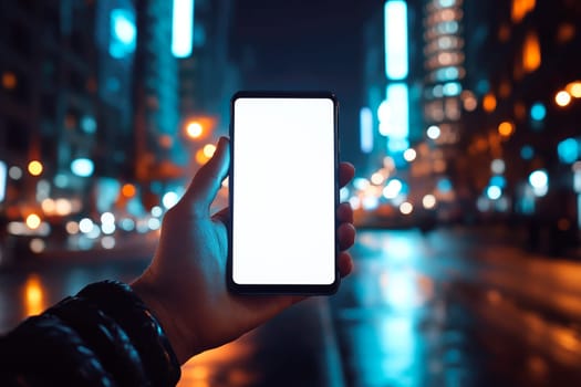 A person holding smartphone with white blank screen. Urban mobile application mockup template.AI generated