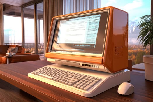 Vintage desktop PC with a large monitor and keyboard on a table.AI generated