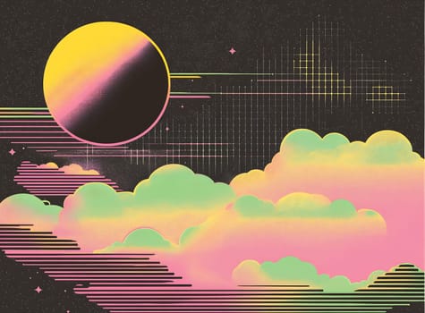 A vibrant retro sunset features a large moon surrounded by pastel clouds, creating a dreamy atmosphere full of color.