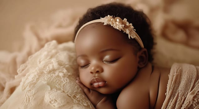 A serene baby girl with curly hair peacefully sleeps, swaddled in delicate fabric and adorned with a floral headband.