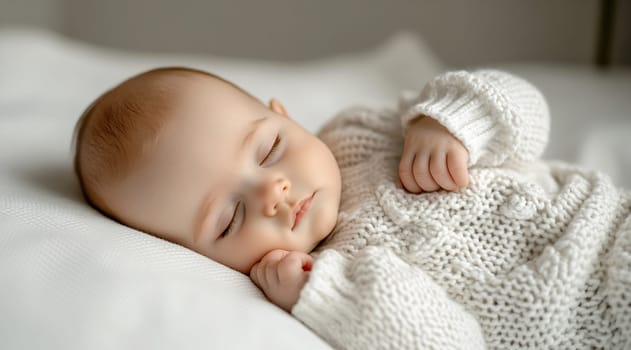 A baby is sleeping soundly on a soft surface, wearing a warm, knitted sweater, with a serene expression on their face.
