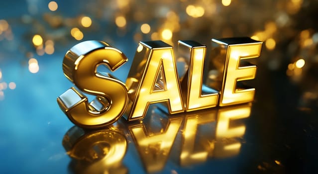 A shiny golden sign spelling SALE reflects festive lights, attracting attention during a promotional event.