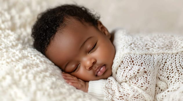 A baby with curly hair is sleeping soundly on a soft, textured blanket, showcasing tranquility and innocence in a serene moment.