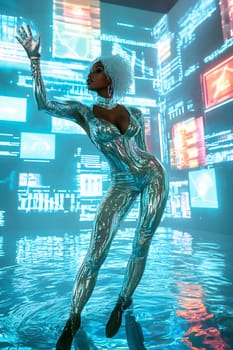 A dancer in a shiny bodysuit performs gracefully amidst glowing digital screens and reflections on water.