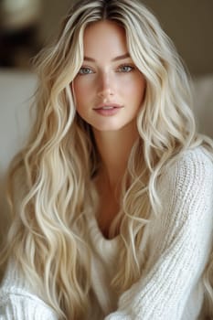 A woman with long, wavy hair sits indoors wearing a cozy knit sweater, exuding warmth and charm in a soft light atmosphere.