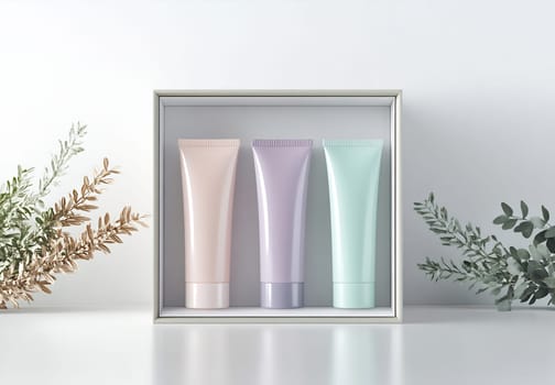 Three pastel-colored cream tubes are neatly arranged in a stylish box, surrounded by soft greenery.