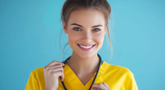 A cheerful young woman in yellow scrubs is smiling confidently while holding a stethoscope around her neck against a blue background.