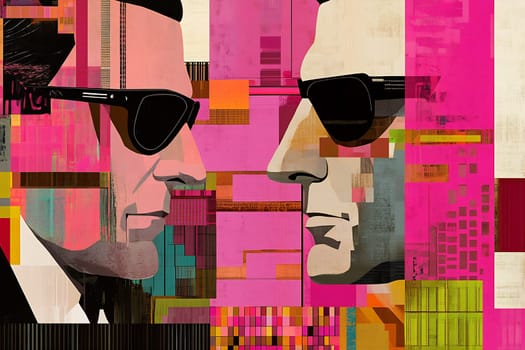 Two stylish figures face each other, both wearing sunglasses, with vibrant colors and geometric patterns in the background.