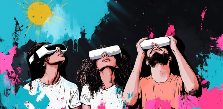 Three young adults are engaged in a virtual reality experience, wearing VR headsets and captivated by what they see.