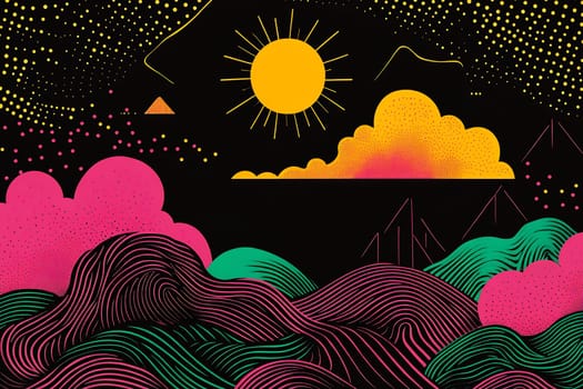 A colorful landscape featuring a bright sun, intricate clouds, and stylized hills against a dark backdrop, showcasing surreal artistry.