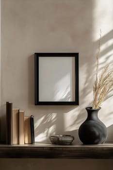 A stylish interior showcases an empty black frame, dried plants, and books on a wooden shelf against a softly lit wall.