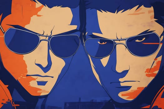 Two men wearing sunglasses stare intensely, showcasing bold artistic colors and powerful expressions on a deep blue backdrop.