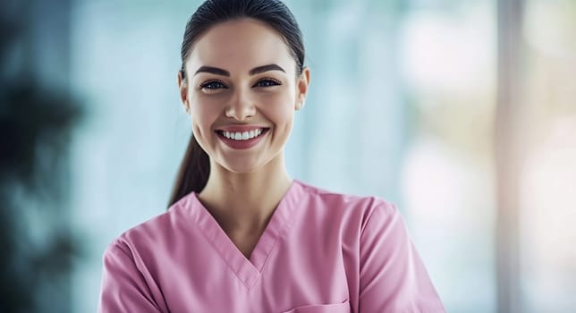 A cheerful nurse wearing pink scrubs stands confidently in a hospital, ready to assist patients and provide care.