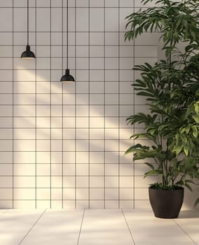 Natural light illuminates a minimalist interior with a tiled wall and a large potted plant, creating a peaceful atmosphere.