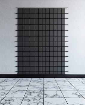 A spacious room features a black grid wall and a marble tile floor, creating a sleek and contemporary atmosphere.
