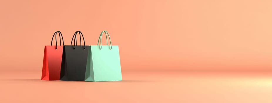 Three colorful shopping bags are arranged against a soft peach background, showcasing their unique shapes and hues.