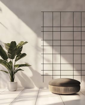 A stylish indoor space features a potted plant and a round seating cushion against a sunlit wall.