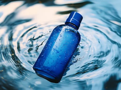 A blue water bottle drifts gently on the surface of clear water, creating ripples in a tranquil setting.