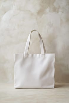 A plain white tote bag rests on a textured, neutral background, showcasing its versatile design and clean lines.