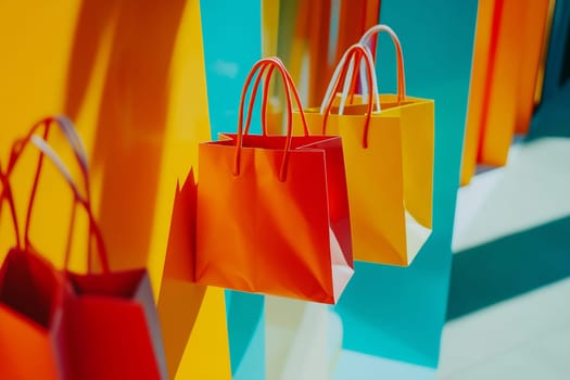 Vibrant paper bags in red, orange, and yellow are suspended against a bright backdrop, illuminated by warm sunlight.