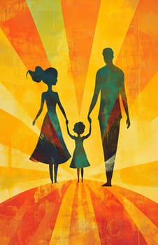 A silhouetted family of three strolls hand in hand, enjoying a peaceful moment against a vibrant sunset background with radiant colors.