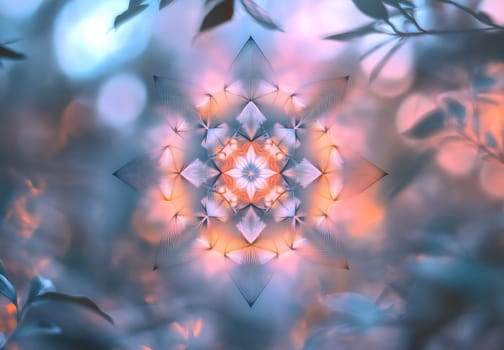An intricate geometric pattern is softly illuminated among foliage, showcasing vibrant hues and artistic design during daylight.