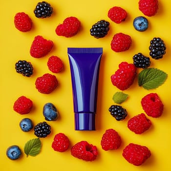 A skincare tube is artistically placed amid colorful raspberries, blackberries, and blueberries on a bright yellow surface.