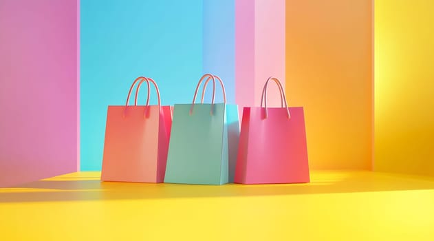 Three vibrant shopping bags arranged against a colorful background, showcasing a playful and cheerful atmosphere ideal for retail.