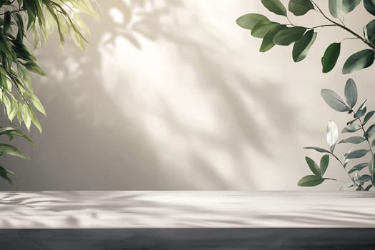Soft sunlight illuminates a table surrounded by lush greenery, creating delicate shadows on a neutral background.