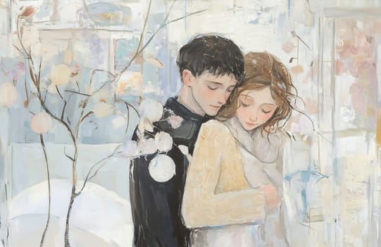 A young couple shares a tender moment, wrapped in each other's warmth amidst a gentle winter backdrop, surrounded by delicate branches.