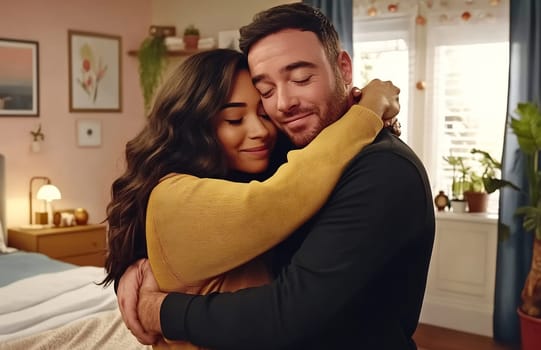 A couple embraces lovingly in a cozy bedroom, surrounded by soft colors and warm decor, radiating affection and happiness.