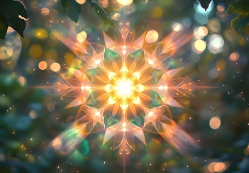 A mesmerizing geometric pattern of light emerges among the greenery, showcasing a blend of colors and shapes.