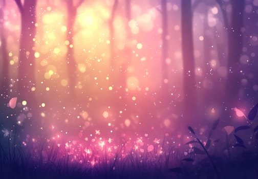 Enchanting twilight casts soft light through the forest, while shimmering particles dance in the air among trees and grass.