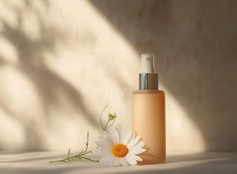 A skincare bottle sits elegantly next to a daisy, illuminated by soft, natural light creating a peaceful atmosphere.