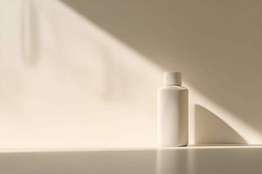 A simple, white bottle stands alone on a table, illuminated by soft sunlight casting gentle shadows in a minimalistic setting.