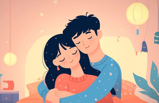 A young couple shares a warm embrace in a cozy room decorated with soft lighting and playful colors during a gentle snowfall.