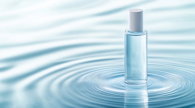 A clear bottle stands upright on calm water, creating gentle ripples in the serene surface, reflecting soft blue tones.