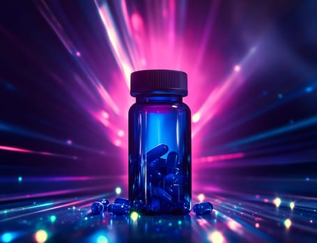 A clear bottle filled with blue capsules glows under colorful lights, creating a striking visual effect in a vibrant setting.