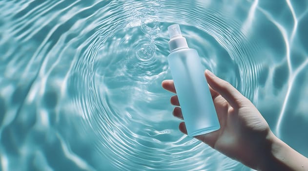 A hand extends over clear blue water, holding a spray bottle while ripples spread from the surface, creating a tranquil atmosphere.